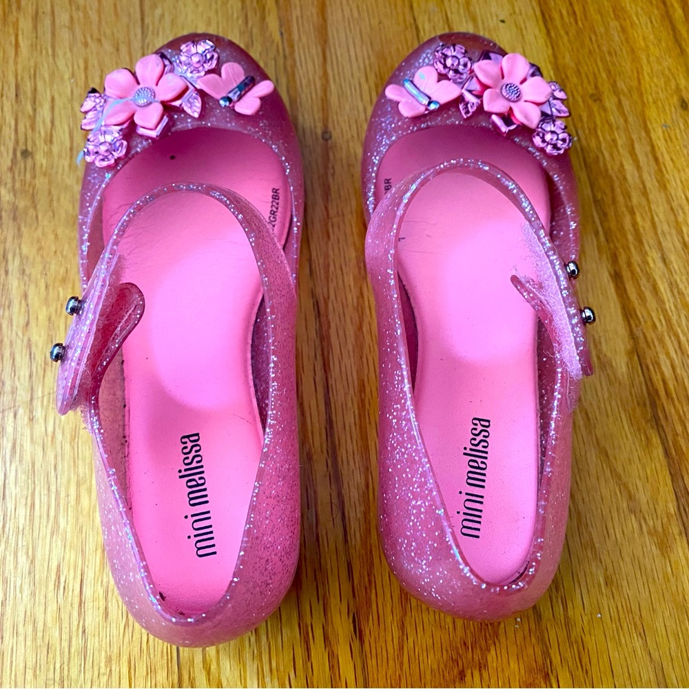 Mini Melissa glittery pink shoes with flower detail, Toddler Size 11